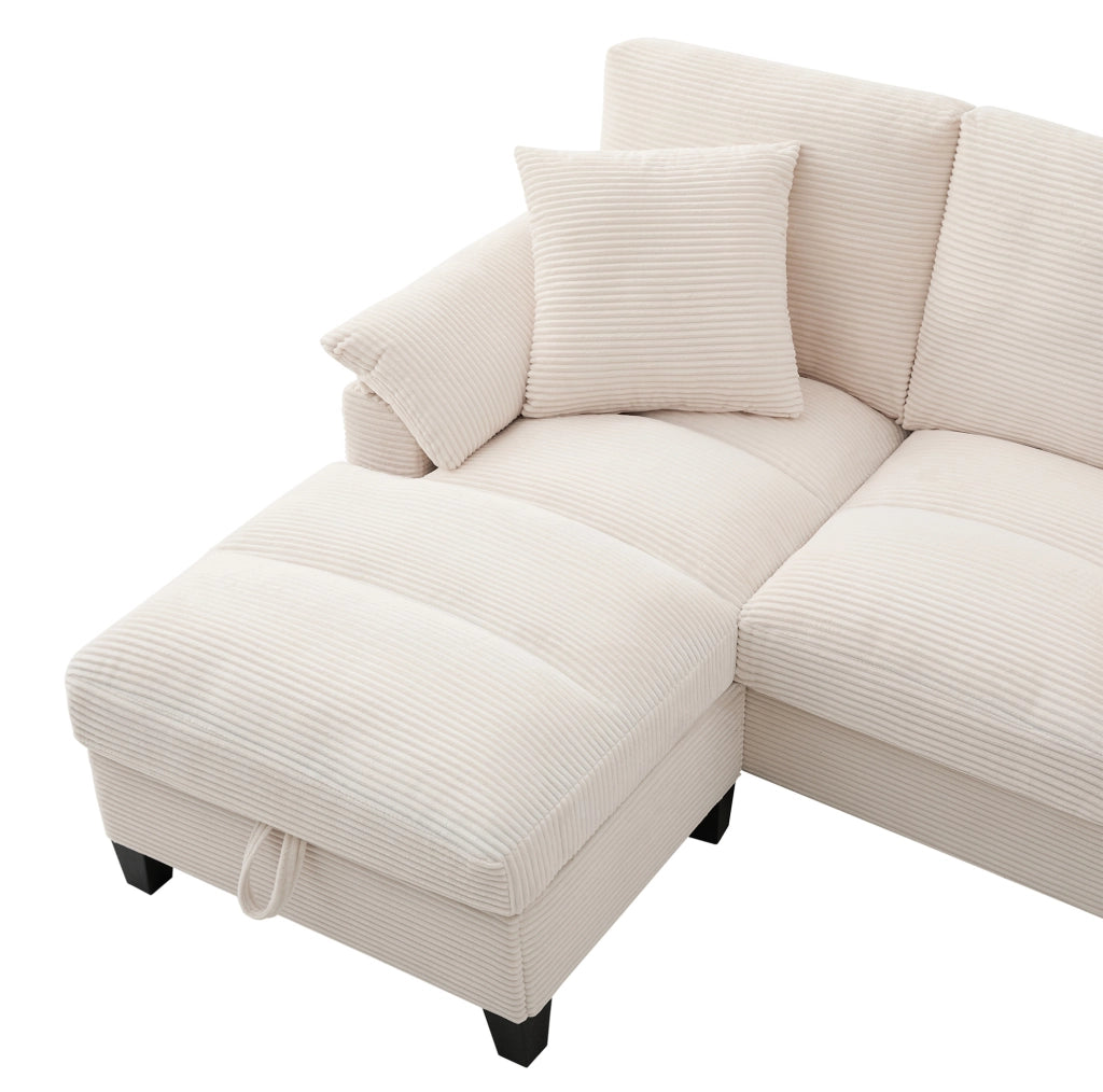 Divano modulare a U con contenitore; 2 porte USB e portabicchieri; 293x142x93 cm; beige