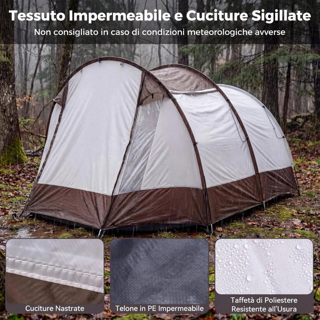 Tenda da Campeggio per 4-6 Persone, Tenda a Tunnel Familiare Impermeabile con 2 Stanze, Finestre Ventilata, Picchetti e Borsa da Trasporto, per Campeggio e Viaggi, 450 x 330 x 202 cm