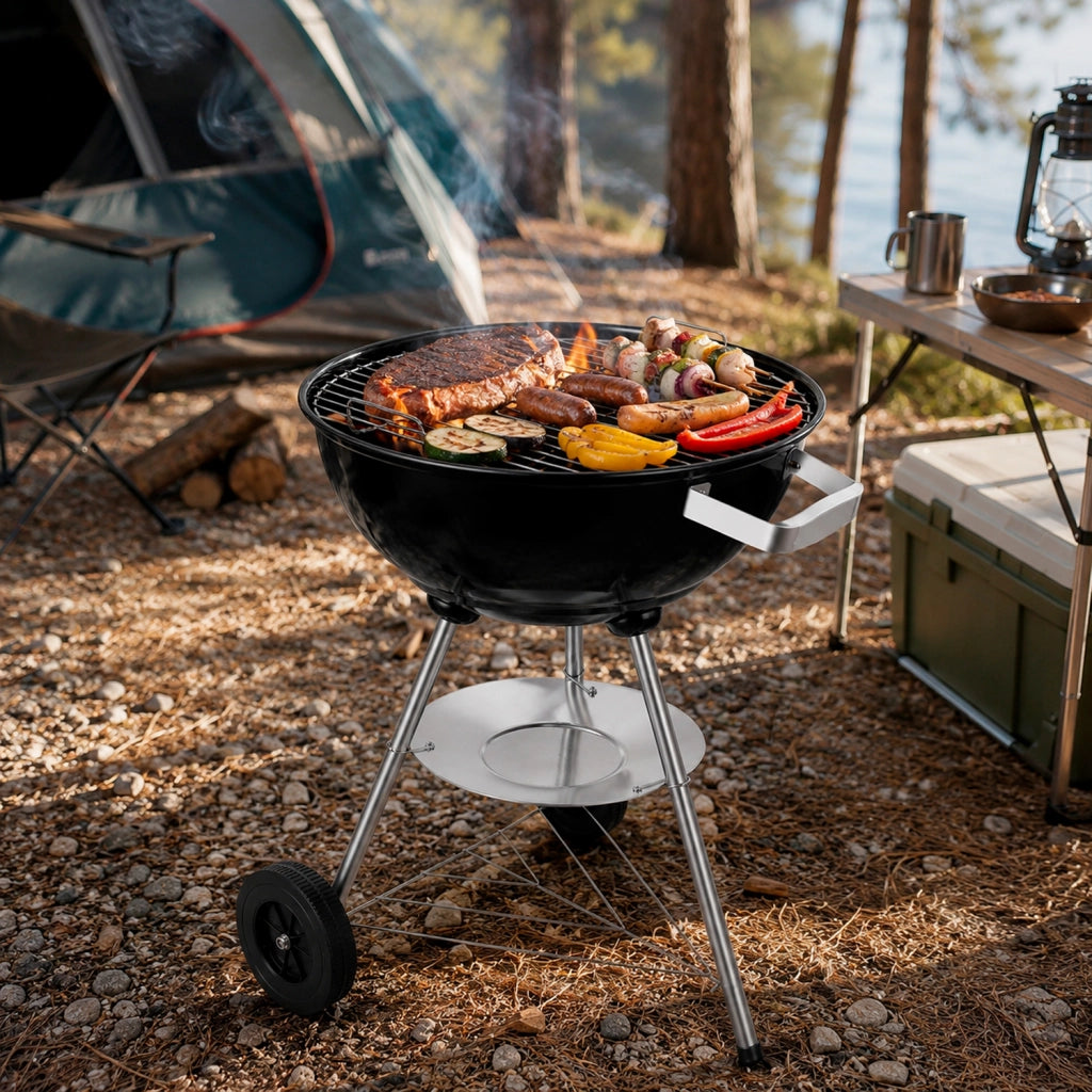 Barbecue A Carbone Con Coperchio Ventilazione Regolabile Griglia Cromata In Acciaio Ruote Trasporto Facile Montaggio Veloce Giardino Campeggio Terrazza 51 x 46.5 x 78 Cm Nero