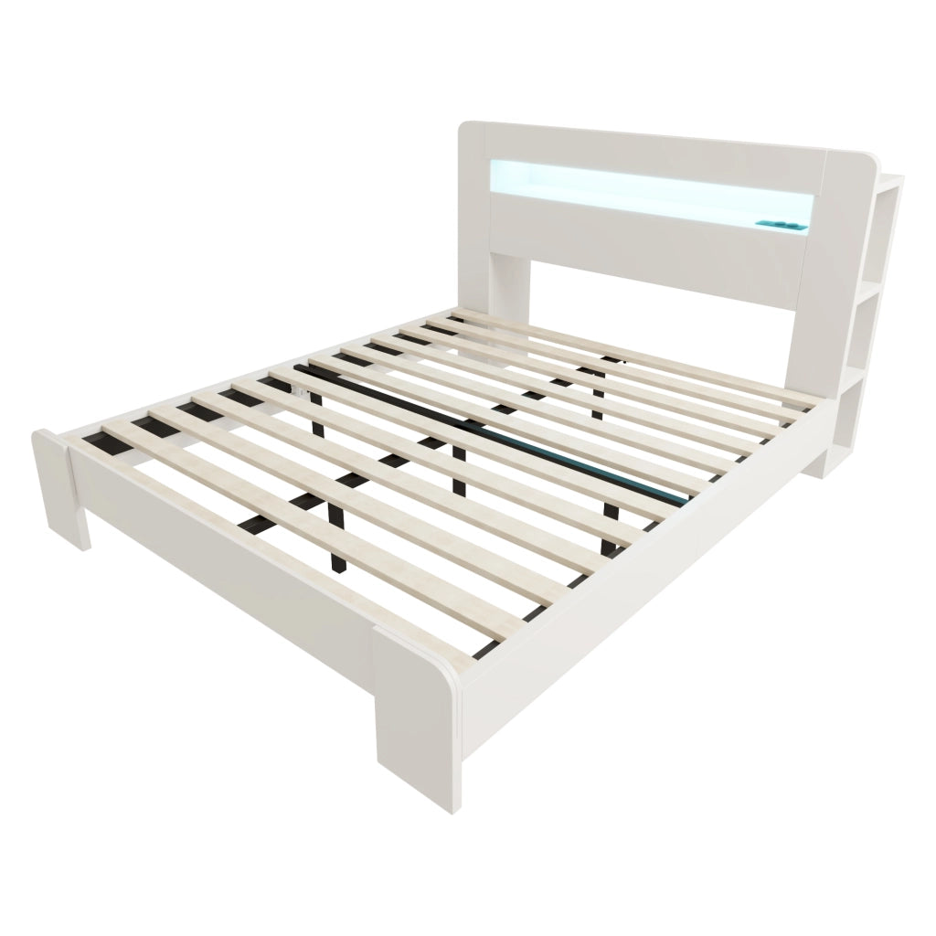 Letto Contenitore 140 x 200 cm; 1 Posto - LED e Presa; Ripiani in Legno Bianco