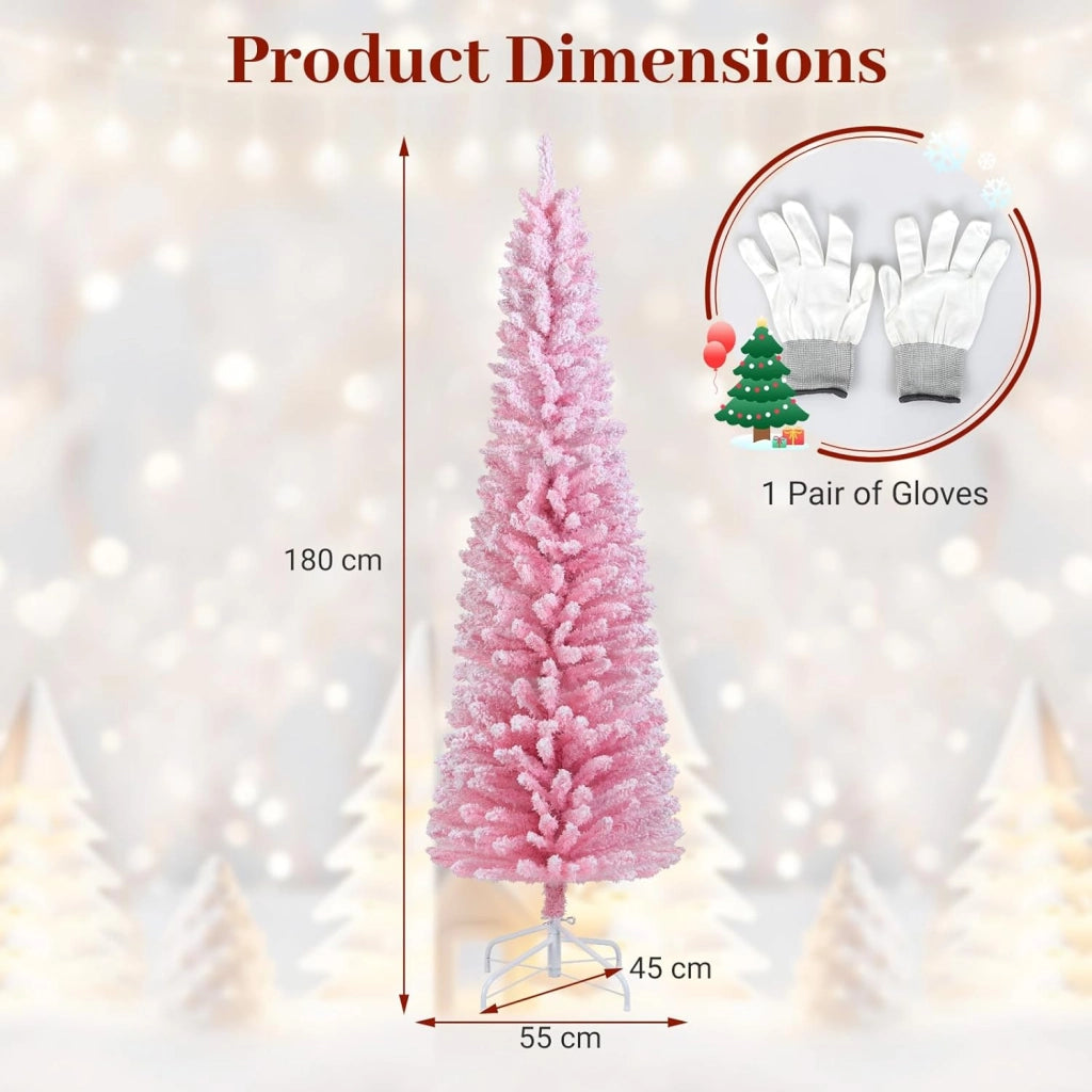 180 cm Albero di Natale Artificiale Rosa, Albero di Natale a Matita con 460 Punte di Rami Innevati e Base Pieghevole in Metallo, Albero non Illuminato per Festa e Decorazione