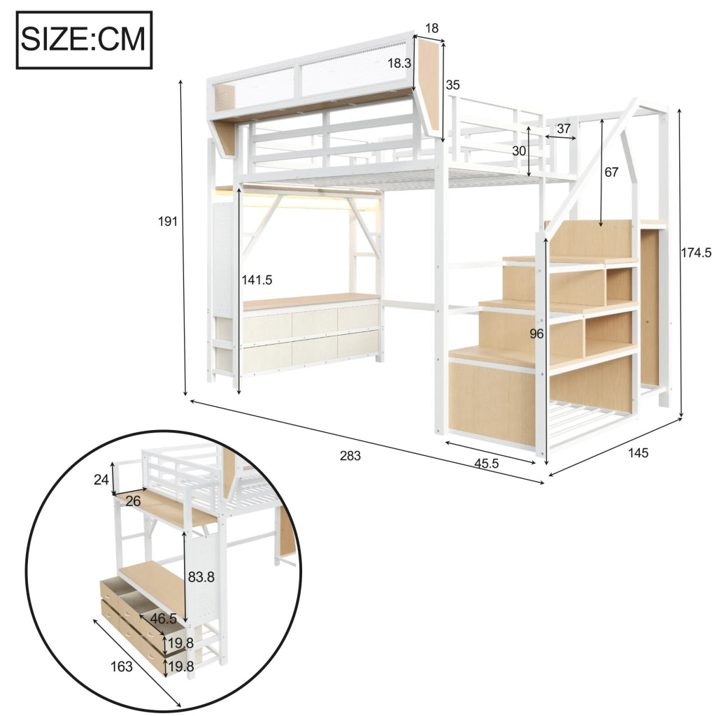 Letto a soppalco 140x200 cm in metallo bianco con LED; ripiani; cassetti in tessuto e scala contenitore