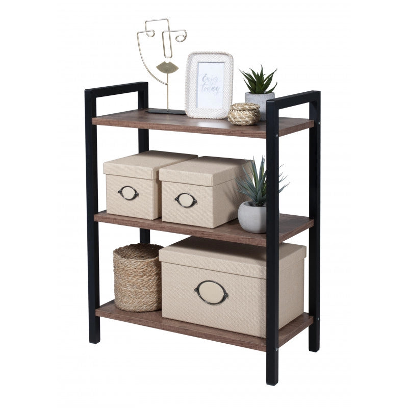 Libreria a 3 Ripiani, Scaffale Portaoggetti, Libreria dallo Stile Industriale, Organizer, 62x74x29,50 cm, Colore Dark Oak e Nero Opaco, Made in Italy