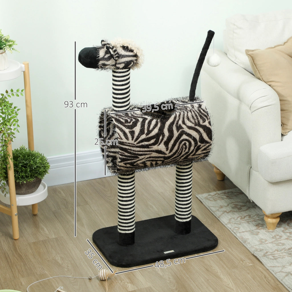 Tiragraffi per gatti con design zebrato e tunnel ?25 cm, lunghezza totale 93 cm, colore bianco e nero.