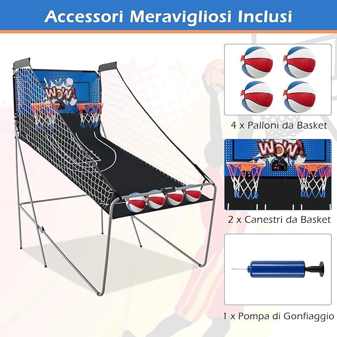 Macchina da Pallacanestro Elettronica, Canestro Basket da Camera a Doppio Tiro Pieghevole con Punteggio Elettronico, 4 Palle, 8 Modalità di Gioco e 2 Canestri (Blu 2)