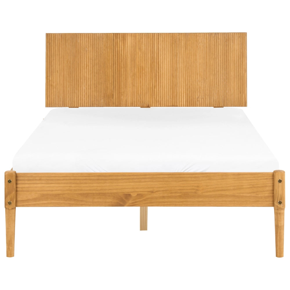 Letto matrimoniale in legno con base a doghe piane e testiera in legno marrone chiaro 120 x 200 cm stile scandinavo naturale