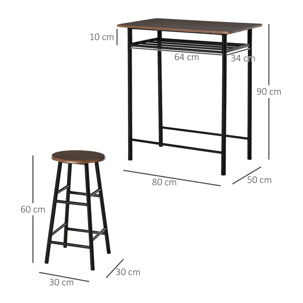 Set tavolo bar ULEVR 80x50x90 cm con 2 sgabelli e ripiano portaoggetti, MDF e metallo nero