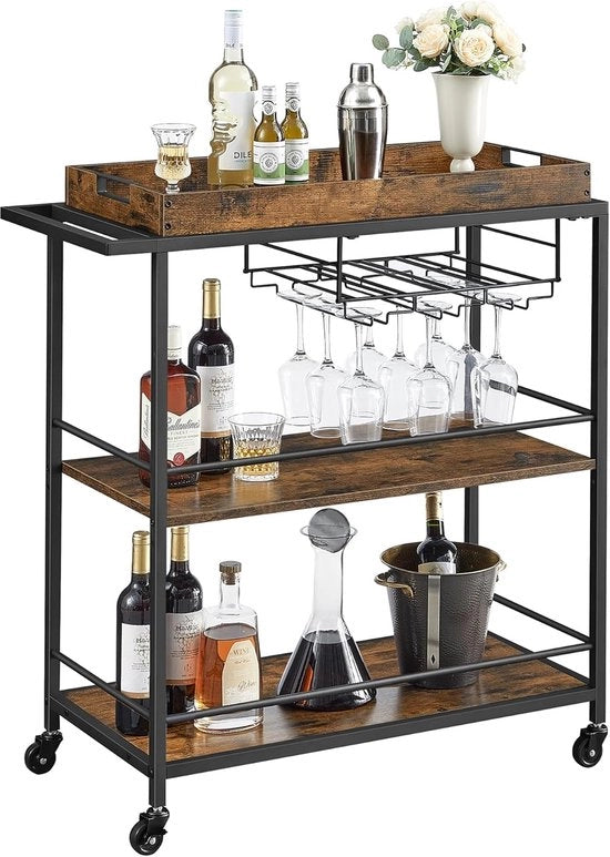 Carrello da Cucina con Cassa Rimovibile e Ruote - Progetto Industriale - Design Vintage Marrone-Nero