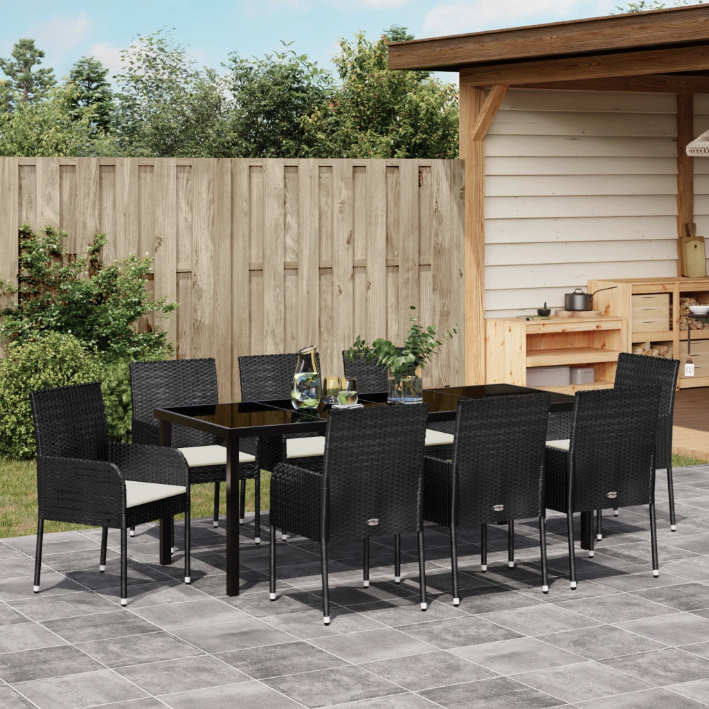 Set da pranzo da giardino in 9 pezzi con cuscini Nero Polyrattan
