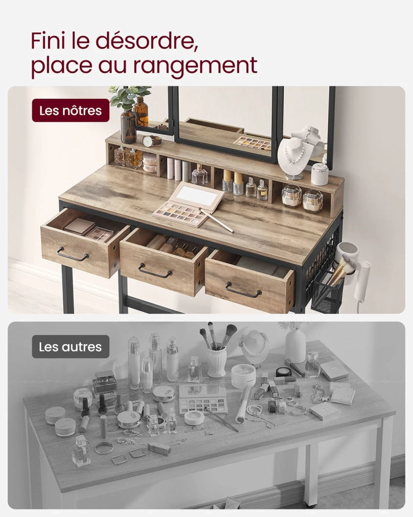 Set da toeletta con sgabello 40 x 90 x 141 cm imbottito con triplo specchio 3 cassetti portaphon e contenitore portaoggetti. Stile industriale marrone rustico e nero. 12_0005420