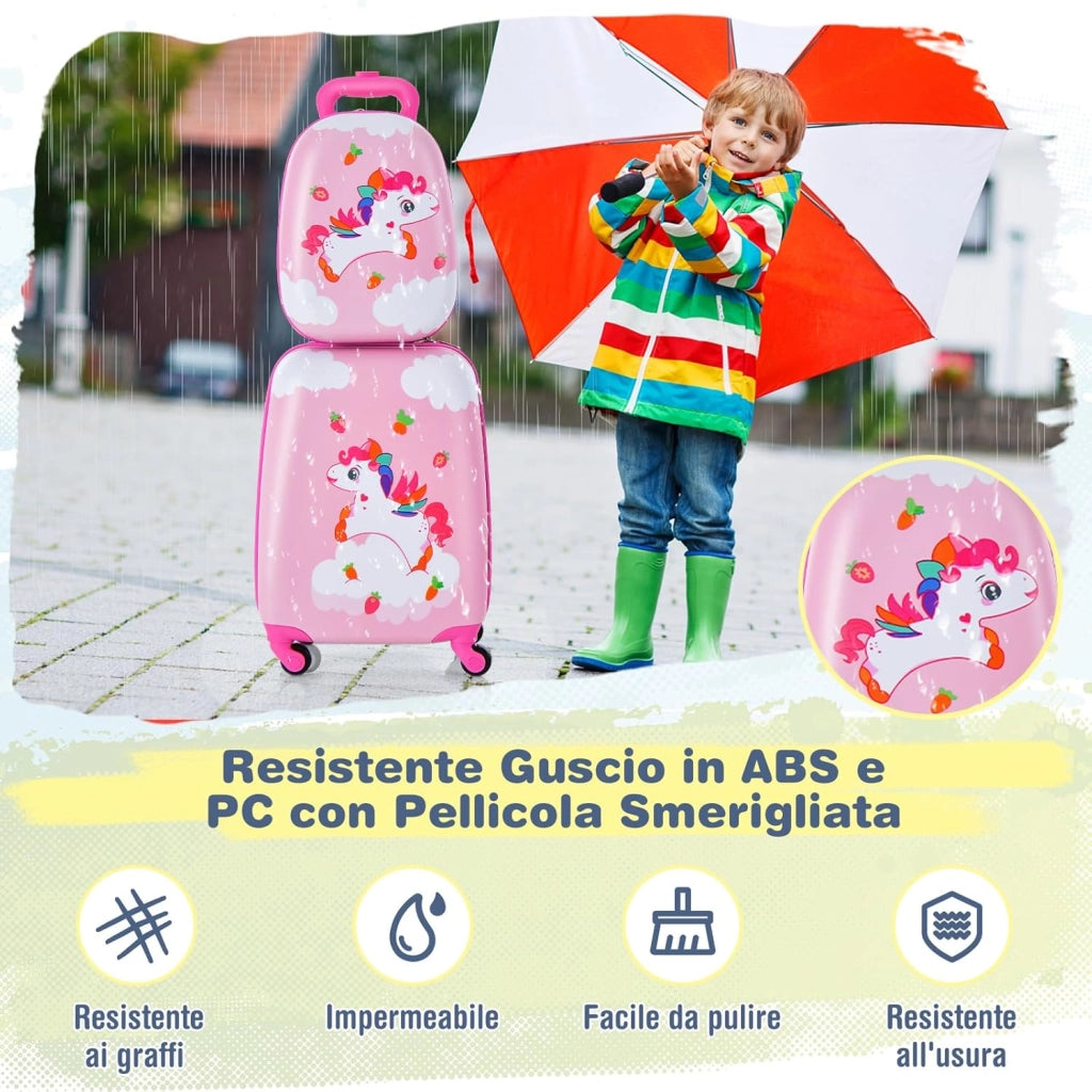 Set di Valigia per Bambini, 16" Valigia+ 12" Zaino, 2 Pezzi, con Ruote Girevoli a 360° e Maniglia Retrattile, Ideale per Viaggiare in Modo Comodo e Divertente (Modello 14)