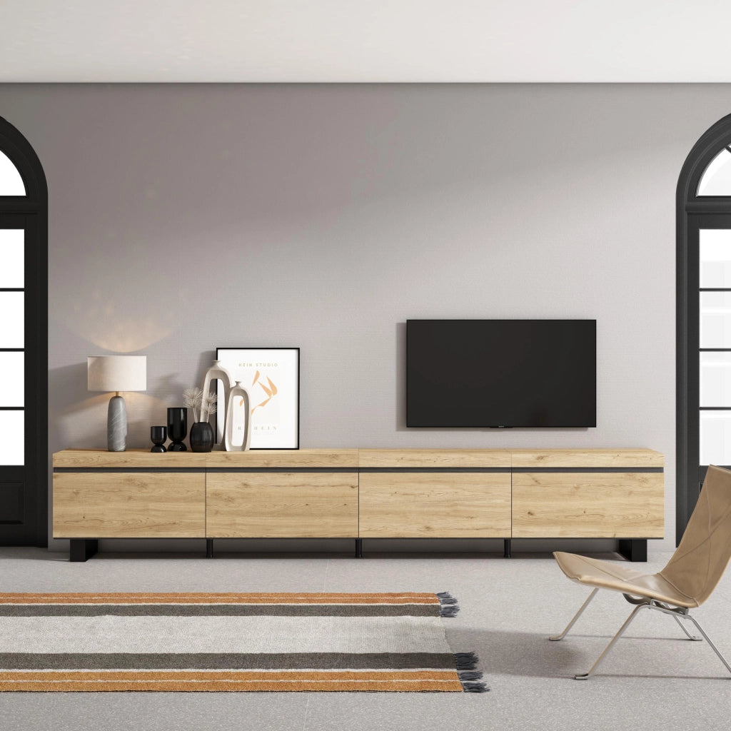 Mobile TV Soggiorno, 320x35x57cm, TV di grande formato, Design industriale, colore Rovere RF3629