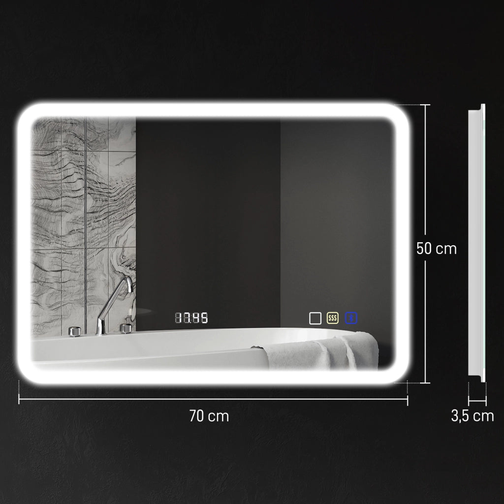 Specchio da Bagno con LED e Bluetooth ¨C zephmum ¨C 70x50 cm, Bianco, 3 Colori, Antivaho