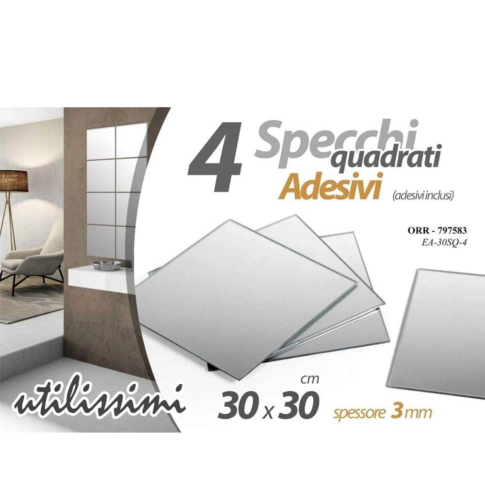 Set 4 Specchi Quadrati Mosaico Adesivi Specchio 30x30cm Decorazione Parete Casa