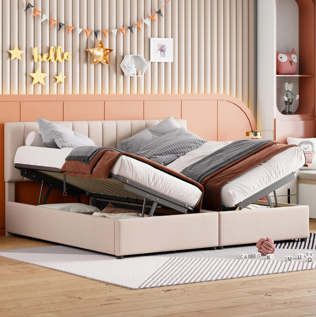 Letto matrimoniale imbottito 180x200 cm con contenitore idraulico; lino beige