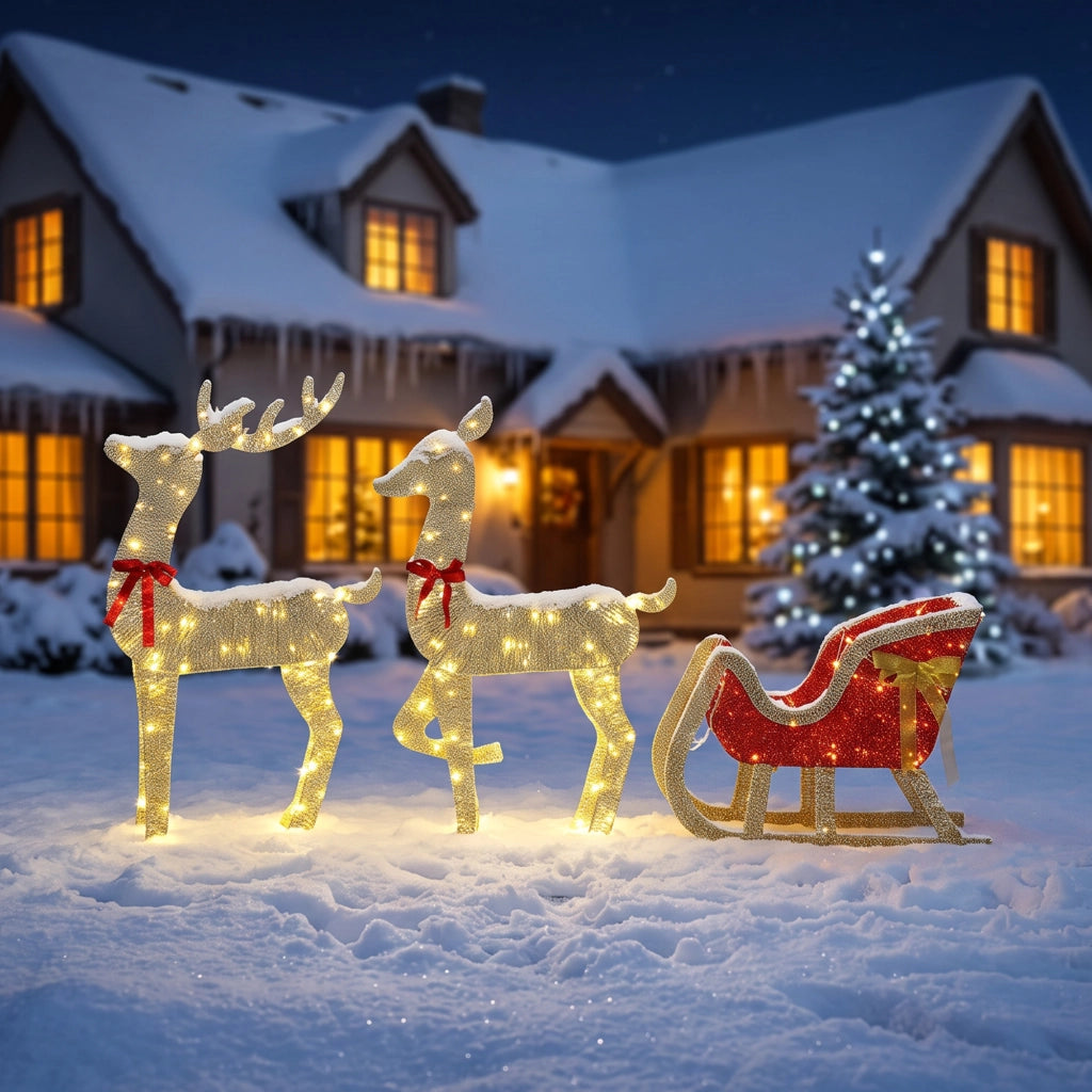 Set natalizio da esterno composto da 3 renne con slitta 3D, 200 luci LED bianco caldo, 8 modalità e timer.
