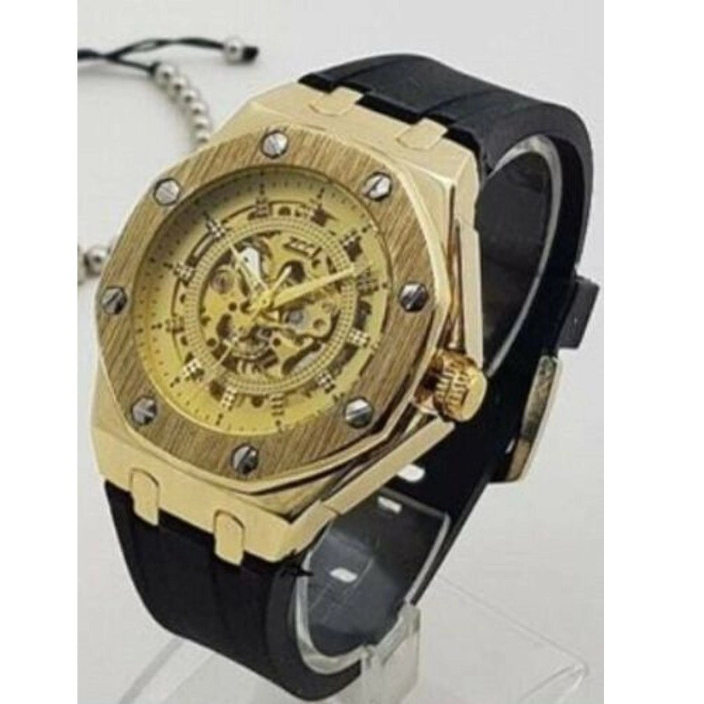 Trade Shop - Orologio Polso Zcc 4407 Uomo Automatico Elegante Casual Dorato Oro Cinturino Nero -