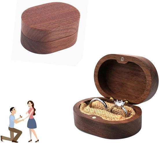 Cassetto di conservazione in legno di noce - Piccolo cassetto ovale per anelli di fidanzamento per proposta e cerimonia di matrimonio
