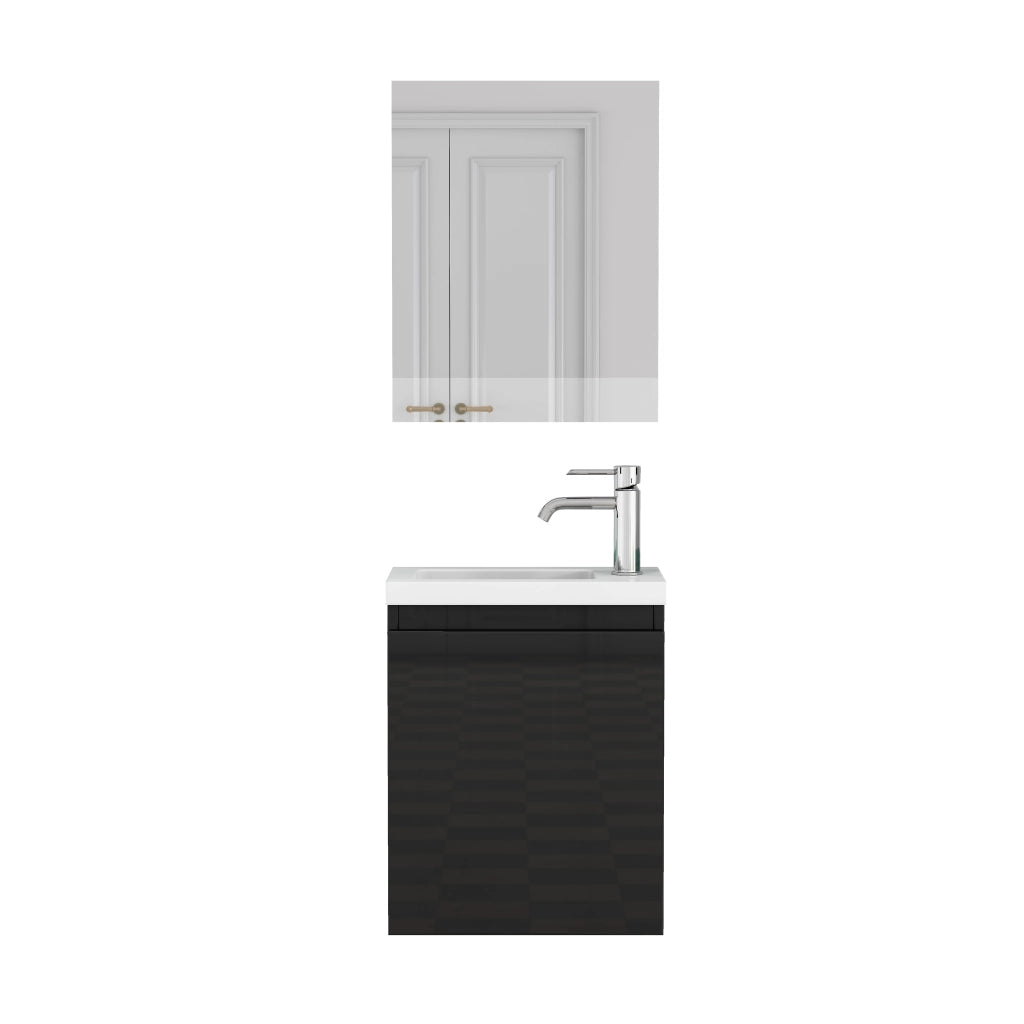 Mobile bagno sospeso con lavabo in ceramica e specchio; chiusura ammortizzata; per bagno; in MDF; nero lucido