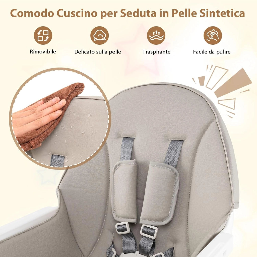 6-in-1 Seggiolone per Neonati, Seggiolone Prima Pappa, Tavolo e Sedia Convertibile per Bambini, Imbracatura di Sicurezza, Vassoio Rimovibile, per Bambini 6-36 Mesi (Grigio+Bianco)
