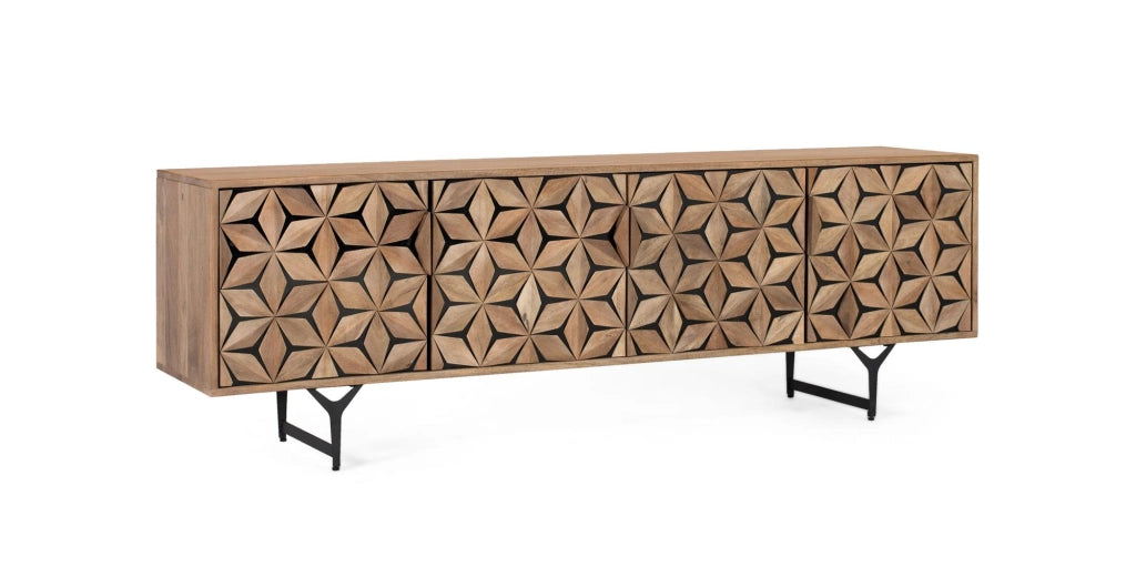 Mobile TV in legno di mango fatto a mano con 4 ante 177 cm