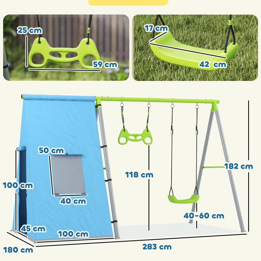 Set Schaukel 3 in 1 con Tenda e Anelli ¨C Zephmum ¨C Verde, Metallo e Plastica