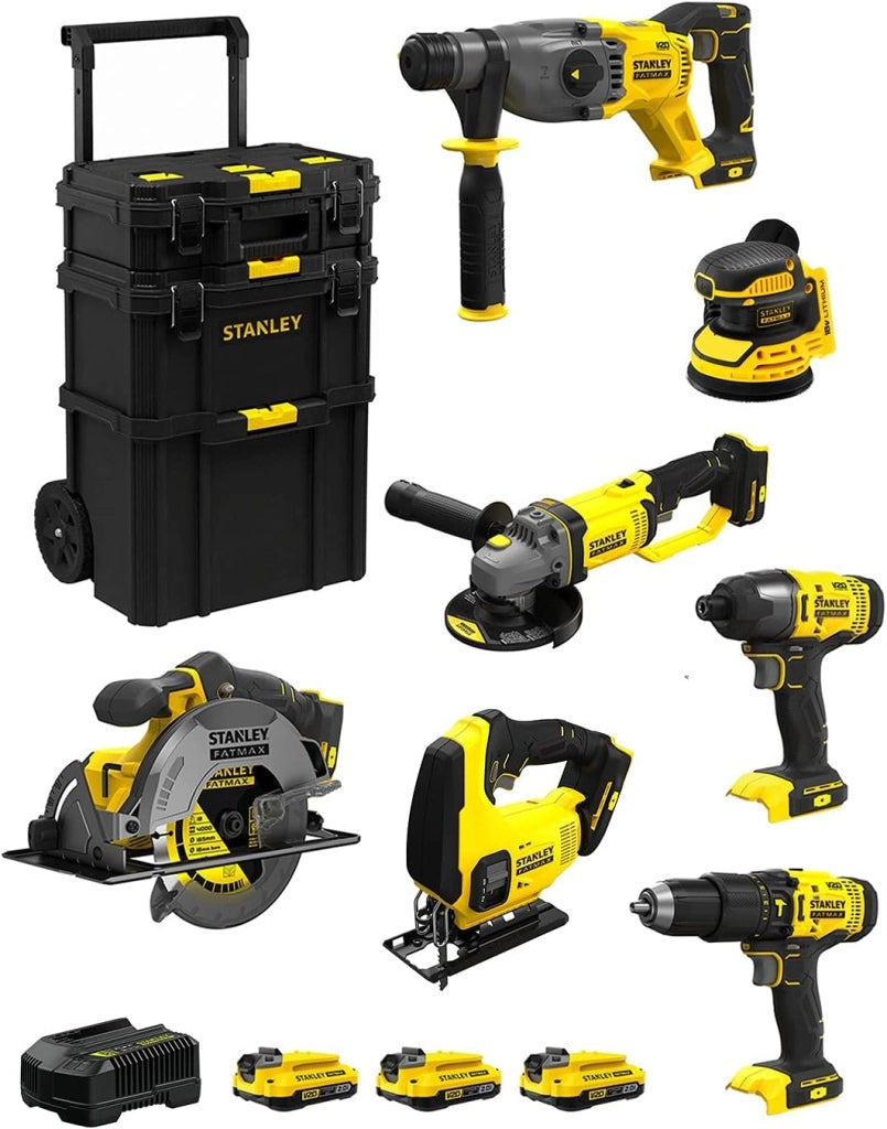 STANLEY FatMax Kit SVK706 (SFMCH900 + SFMCG400 + SFMCD711 + SFMCF800 + SFMCS500 + SFMCS600 + SFMCW220 + 3 Batterie 2,0 Ah + Caricabatteria + Caddy 3in1)