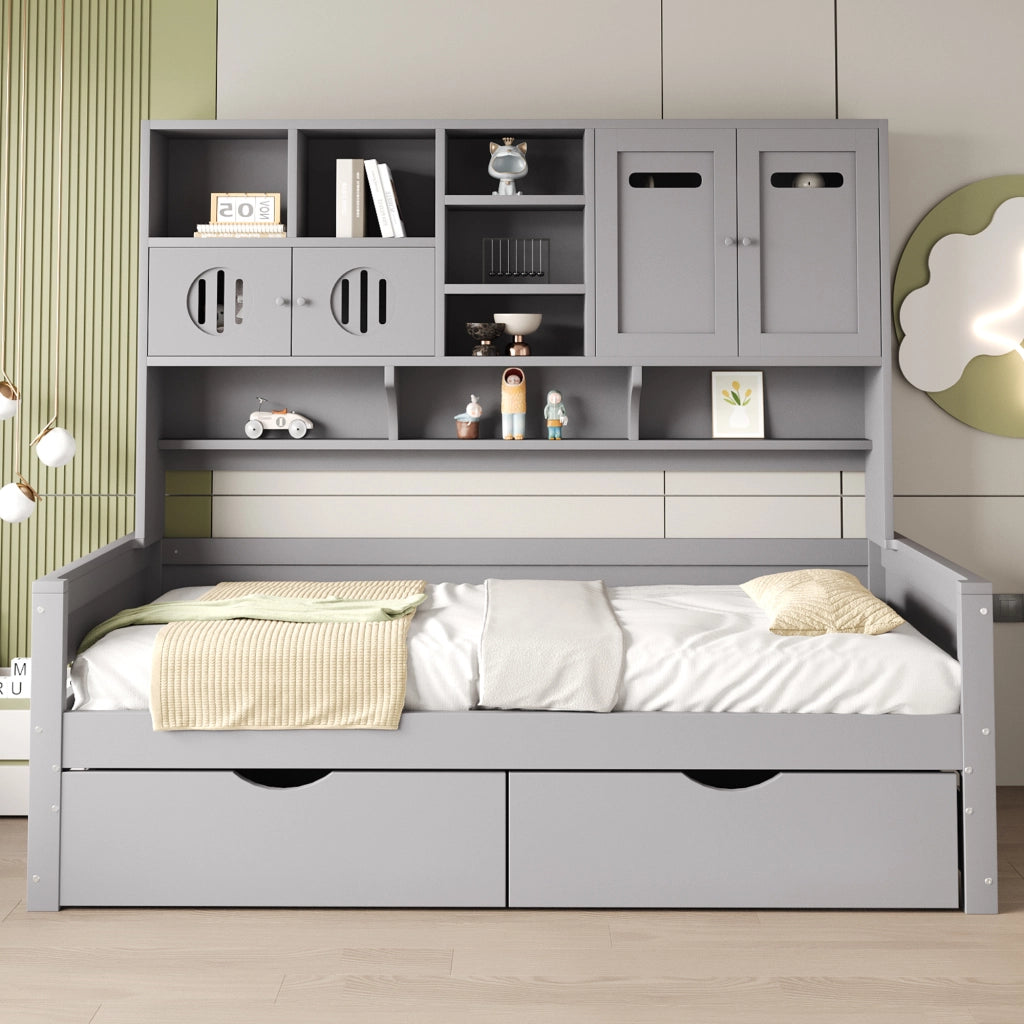 OKWISH Letto Divano 90×200 cm, Letto Singolo con 2 Cassetti, Vani Contenitore e Armadietti, senza Materasso, Legno, Grigio