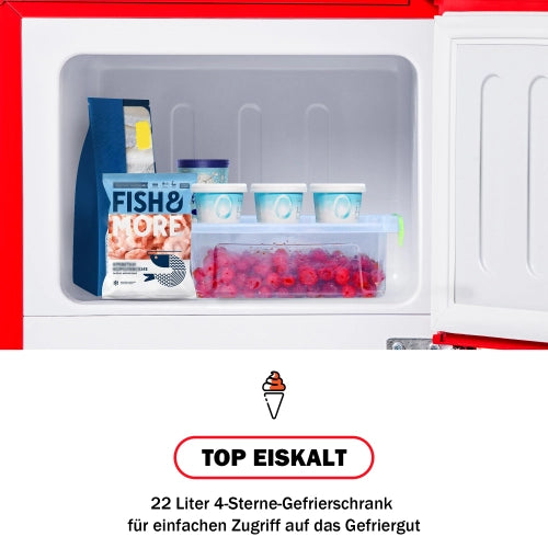 Frigorifero retro; congelatore; doppia porta; volume totale 60L; scompartimento congelatore da 22L; luce LED; efficiente energetico; rosso
