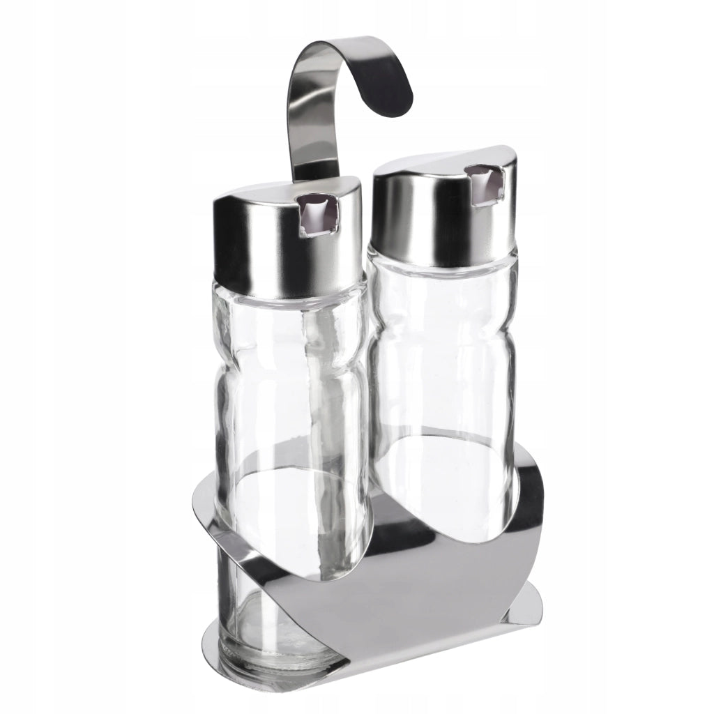 Set di 2 bottiglie in vetro KADAX da 0,1 l per olio d'oliva e aceto, con supporto.