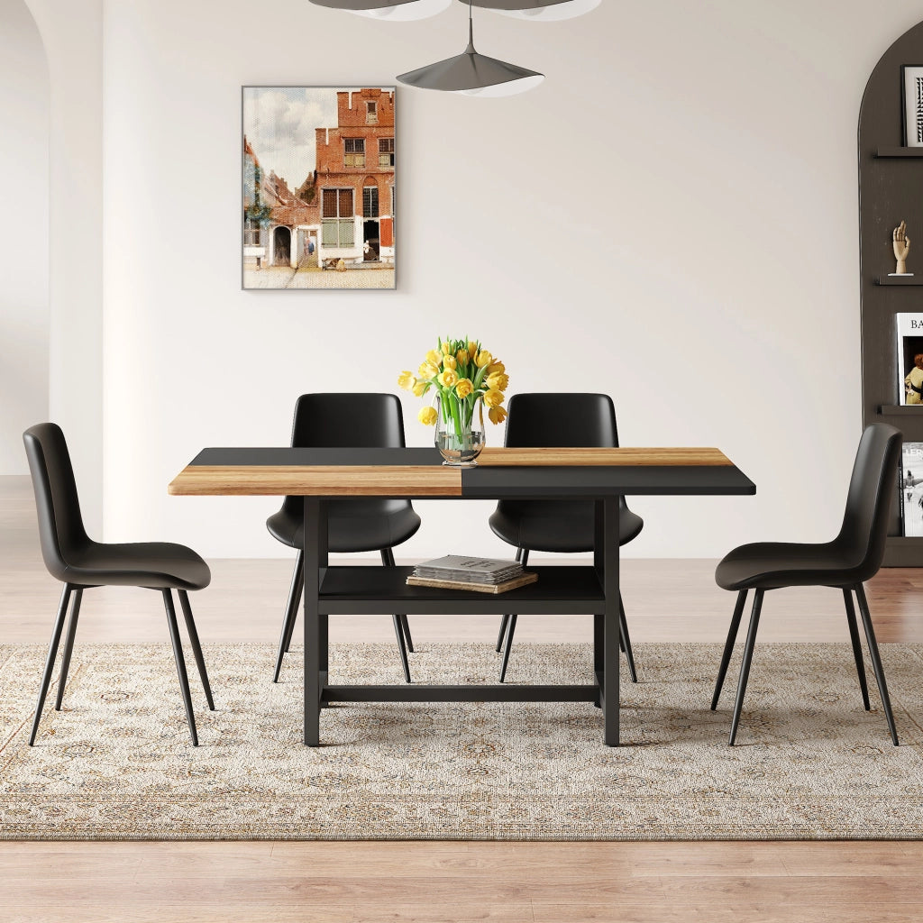 Tavolo da pranzo per 4 persone con vano contenitore e 4 sedie, in MDF, metallo e pelle PU, marrone e nero