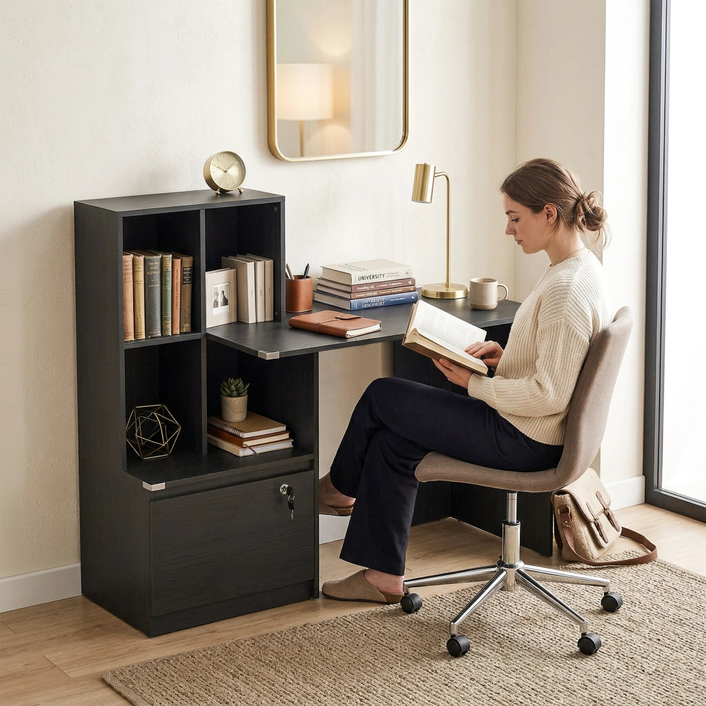 Scrivania con libreria e cassetto bloccabile ¨C Zephmum ¨C Nero, legno, 126x50x109 cm
