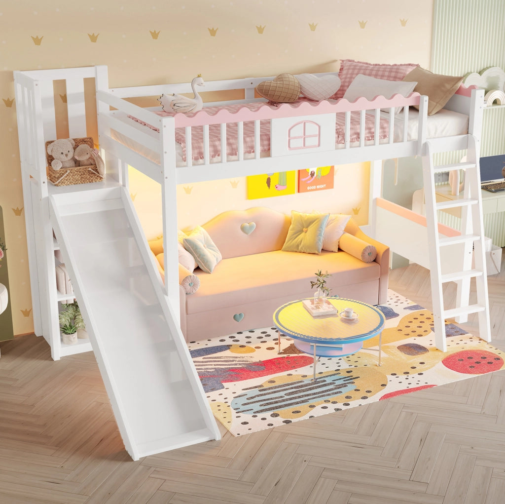 Letto a soppalco per bambini 90x200 cm con scivolo e LED