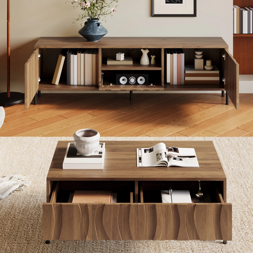 Set di Mobili da Soggiorno con 1 Mobile TV e 1 Tavolino da Caff??; Contenimento; Stile Wabi-Sabi; MDF; Legno Naturale