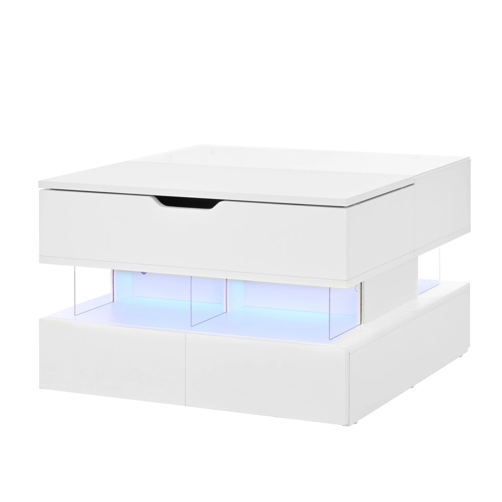 Tavolino da caffè 70x67x57 cm; piano sollevabile con LED a 16 colori; pannelli truciolari bianco