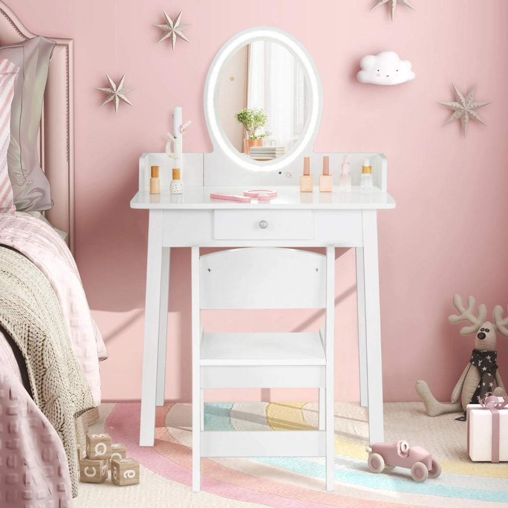 Set di trucco per bambini con specchio sedia illuminazione a LED a 2 colori-Tavolo da trucco per ragazze Bianco