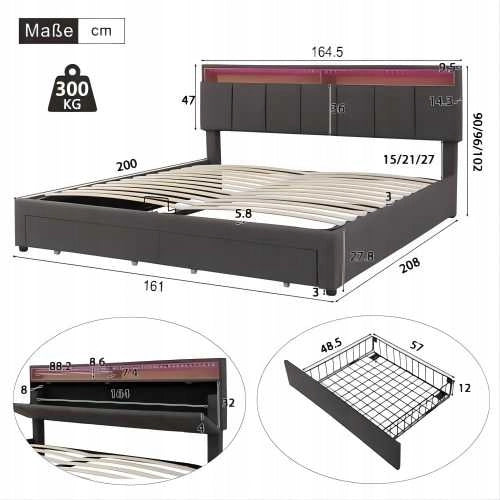 Letto 160x200cm - Xylo - Grigio, LED, Contenitore, Telaio in Acciaio