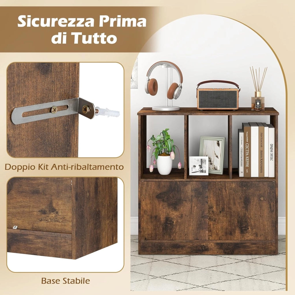 Libreria con 3 Cubi Aperti e 2 Ante, Scaffale a 2 Livelli, Mensola Moderna da Terra in Legno, per Soggiorno, Studio e Camera da Letto, 70 x 30 x70 cm (Marrone Rustico)