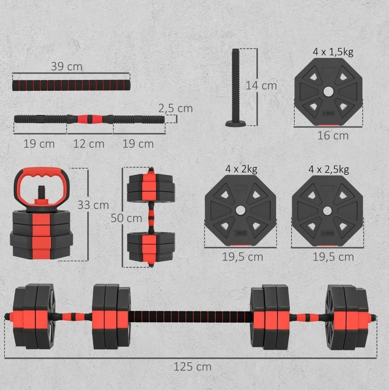 Set Pesi 4-in-1 Regolabile 25 kg per Allenamento a Casa con Manubri, Bilancieri e Kettlebell