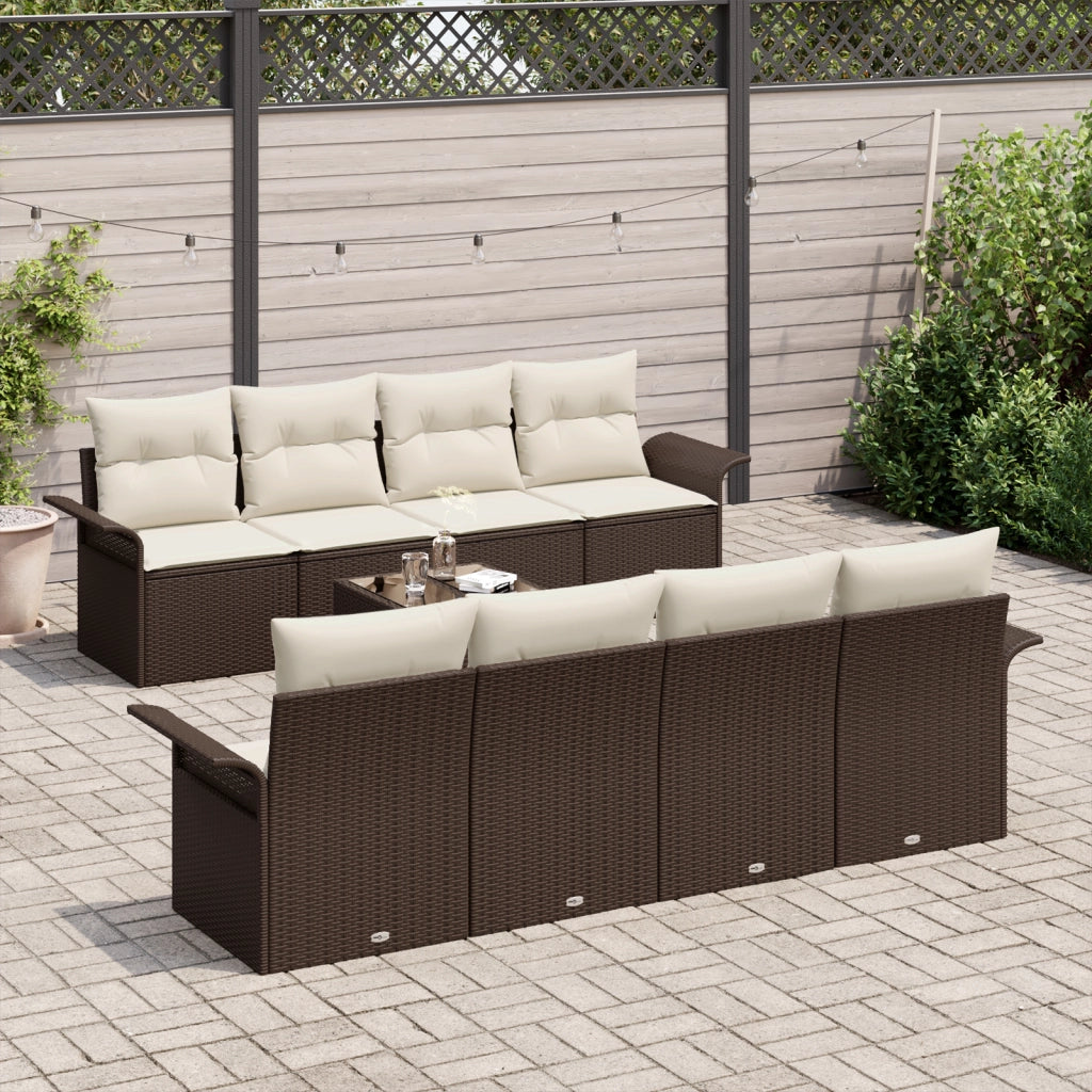 Set Divano da Giardino a 9 Pezzi con Cuscini Marrone Polyrattan