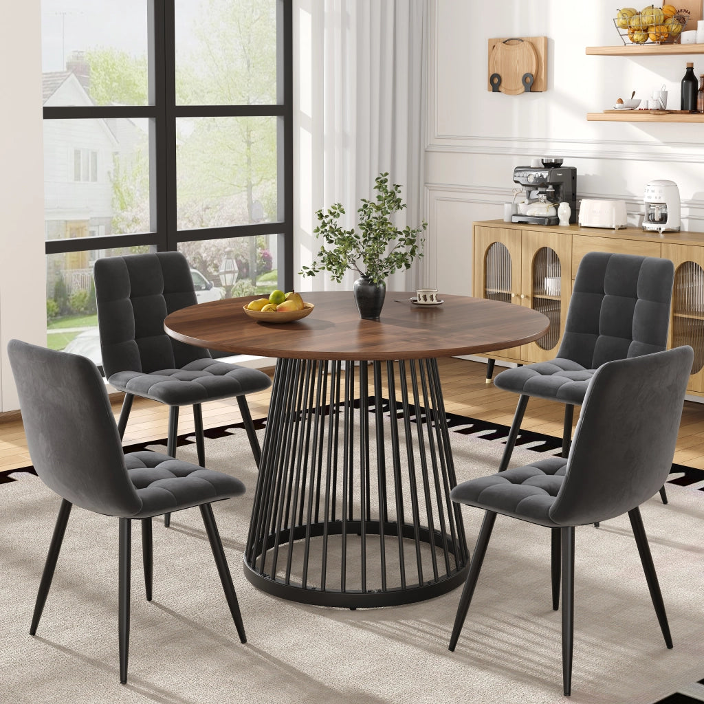 Tavolo da pranzo con 4 sedie in velluto, piano in MDF con motivo marmo, base in metallo, per cucina, multicolore