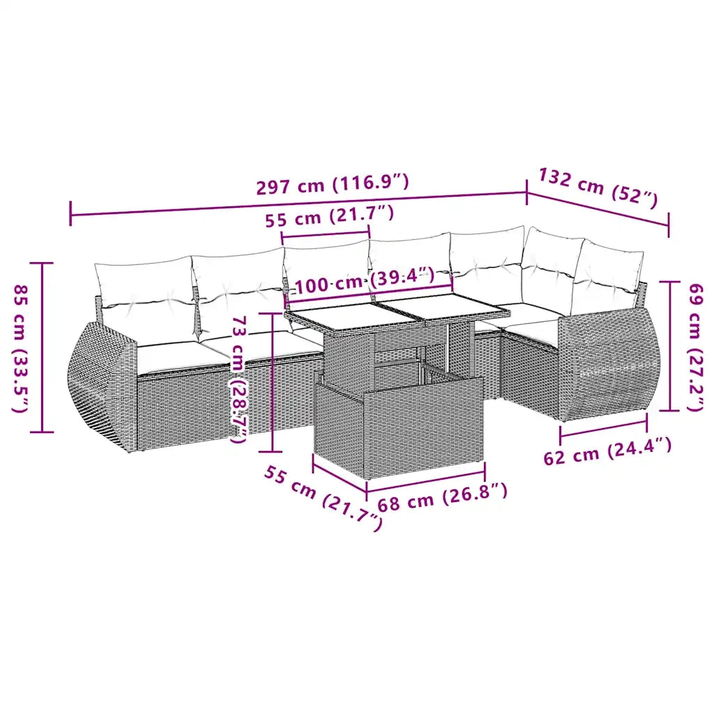 Set Divani da Giardino 7pz con Cuscini Grigio Chiaro Polyrattan