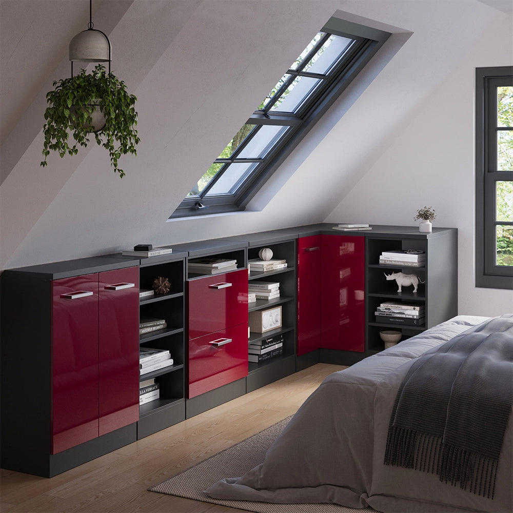 Mobile cucina angolare per sottotetto R-Line Rosso lucido/Antracite 75.6 cm con 1 porta, carcassa dell’armadio profondità 60 cm Vicco