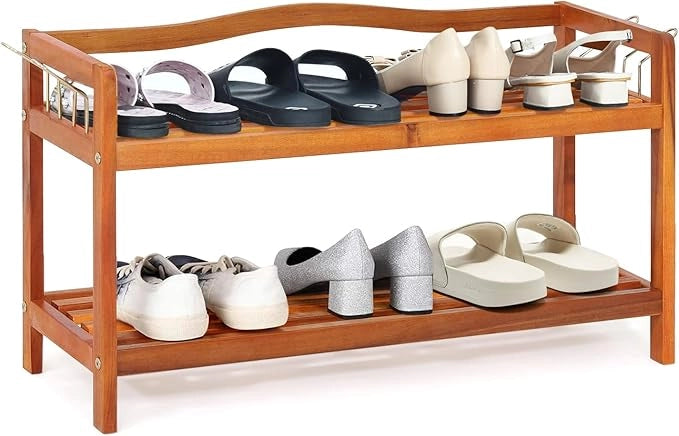 Scarpiera a 2 Livelli, Scaffale per Scarpe in Legno di Acacia Solido con Ganci Laterali in Metallo, Contiene 12 Paia, Capacità di Ogni Ripiano 20 kg, 74 x 26 x 42 cm (2 Livelli)