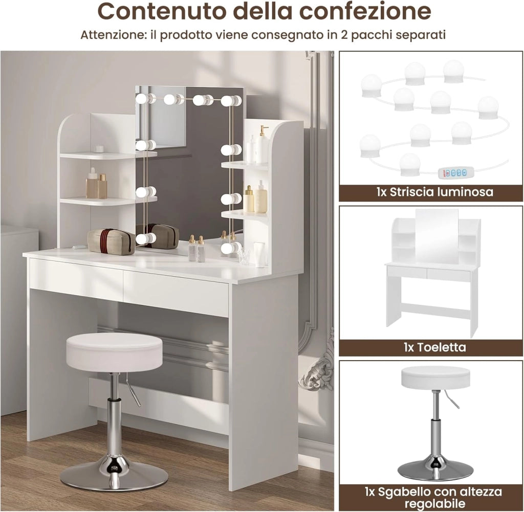 Toeletta Trucco con Specchio, Luci LED Luminosità Regolabile, Sgabello Girevole, 108x40 cm, Tavolo da Trucco Bianco con 2 Cassetti e 4 Ripiani, in Legno, MB6106ws