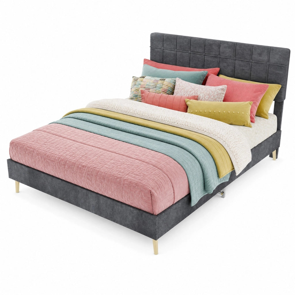Letto Matrimoniale 140x200 cm con Testiera Trapuntata e Gambe in Legno; Velluto Grigio
