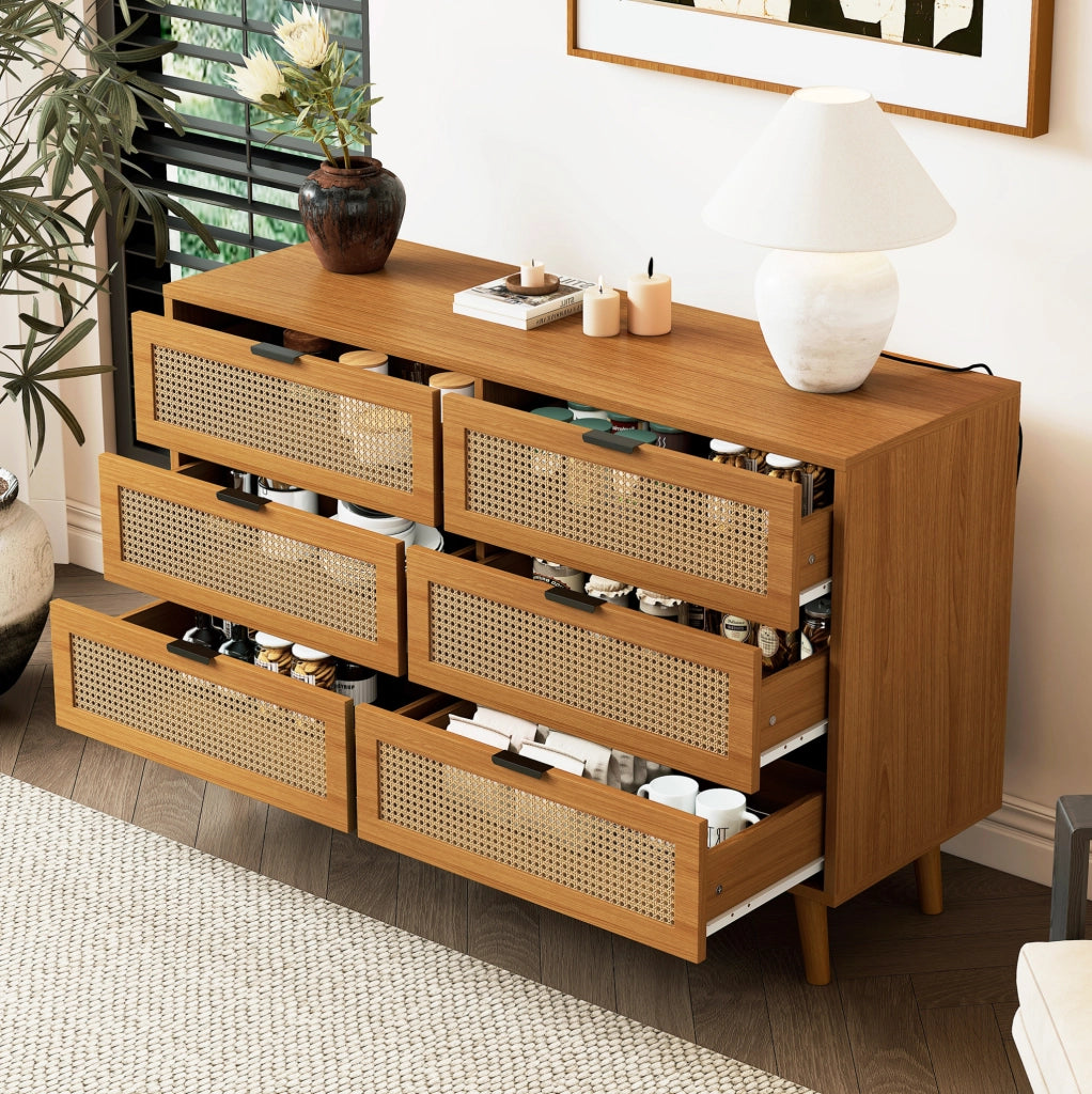 Cassettiera 120x76.5x40 cm con 6 cassetti; design retrò in truciolare; noce