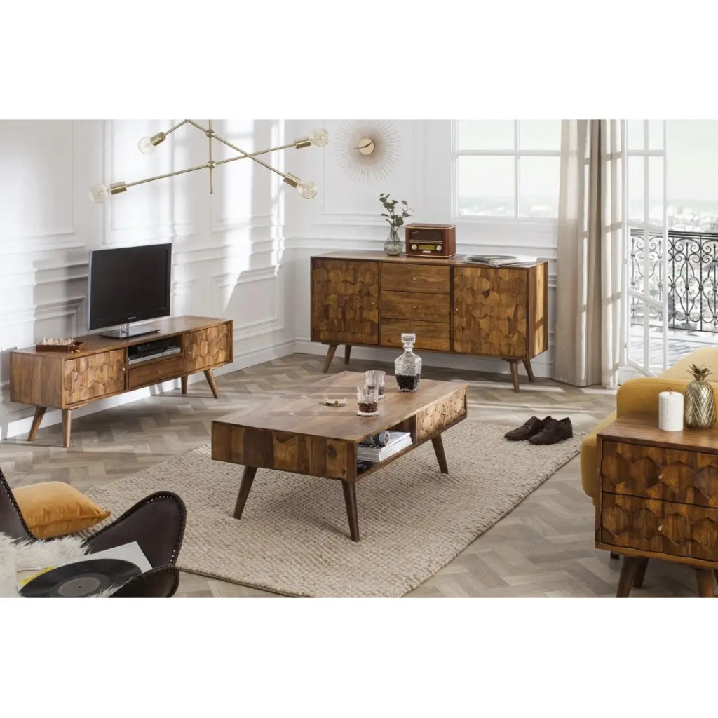 Tavolino basso SCANI 100 cm in legno di Sheesham massiccio verniciato stile scandinavo
