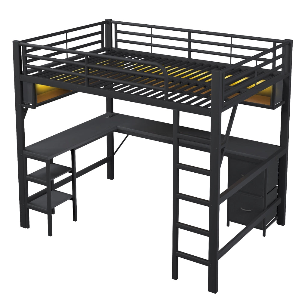 LETTO A SOPPALCO 140x200 cm Nero in metallo e MDF con scrivania e libreria