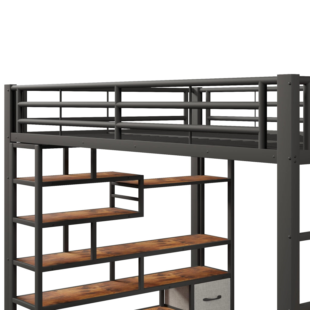 Letto a soppalco 140x200 cm con cassetti in tessuto; LED; ripiani e gradini integrati; metallo nero
